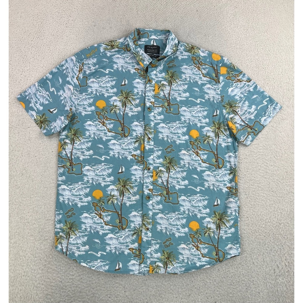 Primark Shirt Mens XL Blue Tropical Palm Tree 100% Cotton Short Sleeve Button-Up